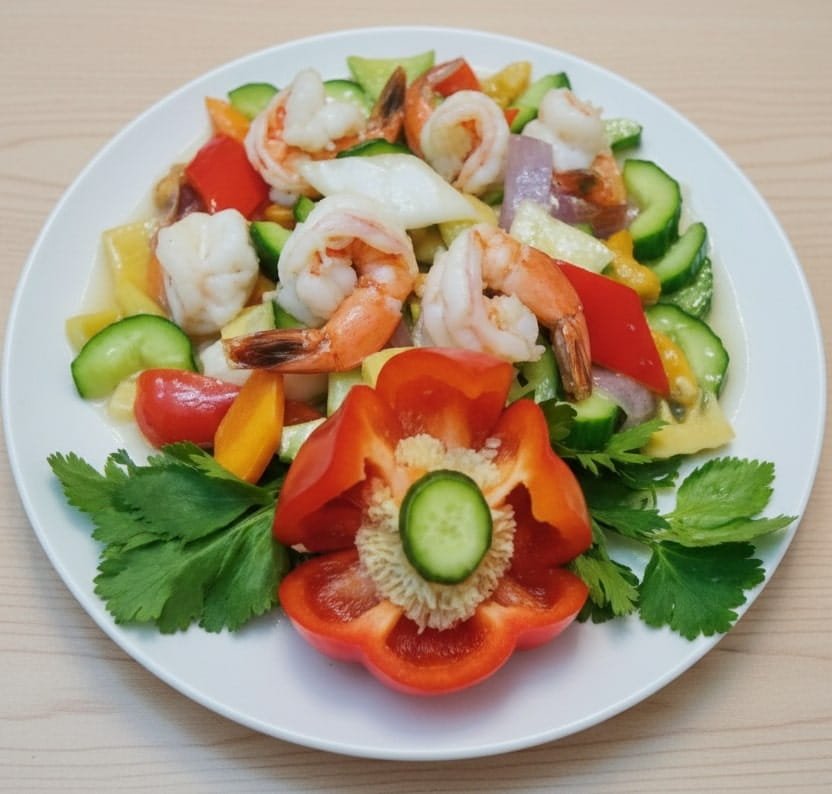 Seafood salad with shrimp, cucumbers, cherry tomatoes, yellow bell peppers, purple onions, and garnished with a red bell pepper carved to resemble a flower with a cucumber slice inside, served on a white plate with cilantro leaves.