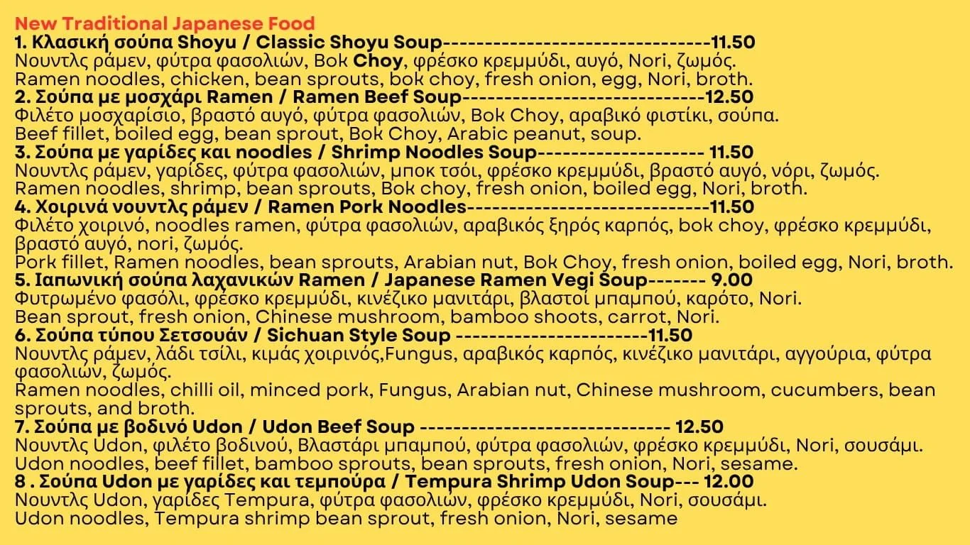 Close-up of a yellow menu board with black text listing traditional Japanese food dishes and prices, including soups, ramen, and udon.