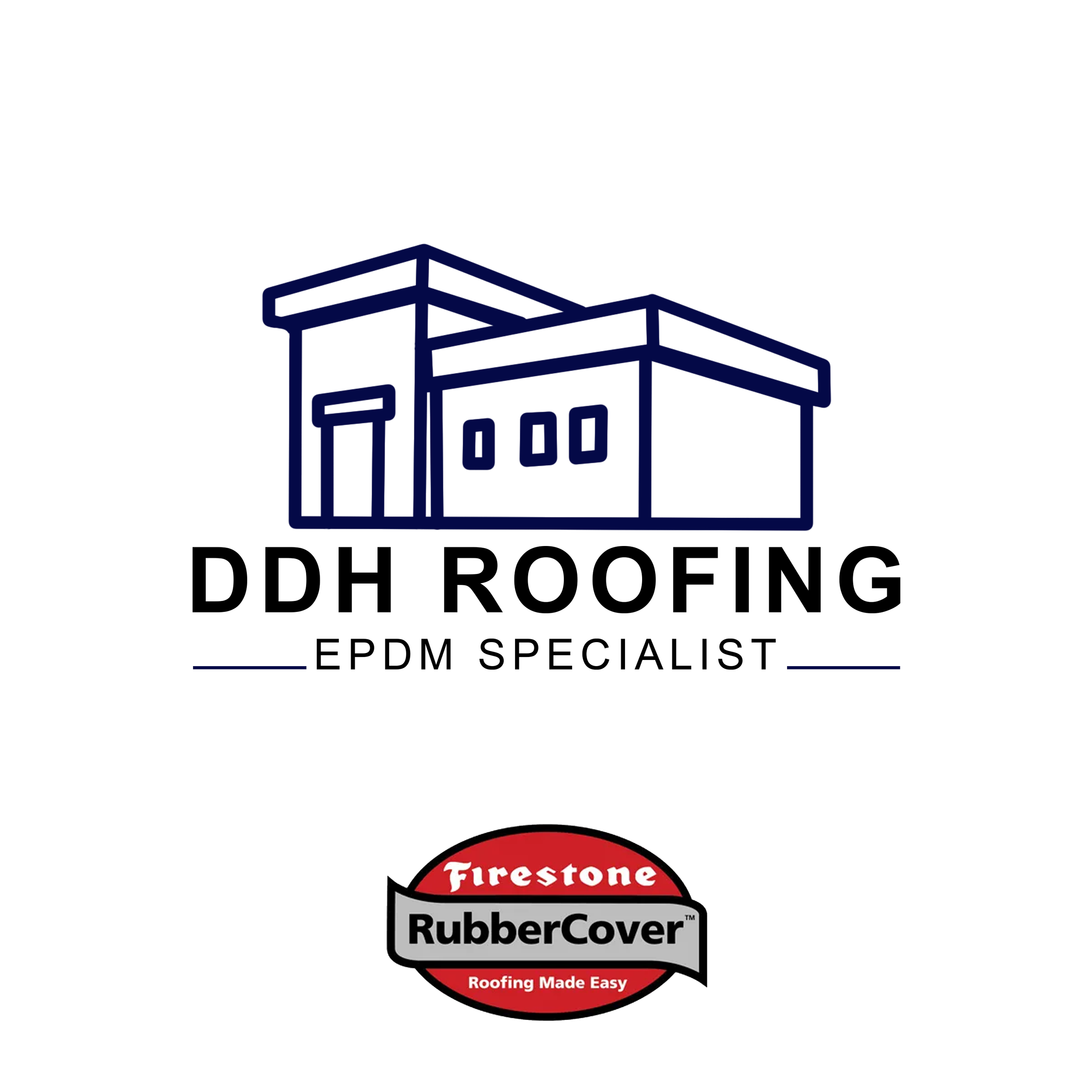 Illustration of a building with a modern design, featuring blue and white colors, and the Firestone RubberCover logo at the bottom with the slogan 'Roofing Made Easy'.
