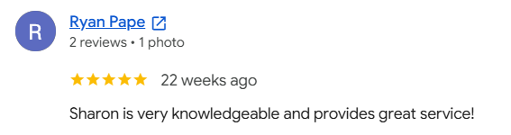 Screenshot of a Google review for Ryan Pape, 5-star rating, praising Sharon for being knowledgeable and providing great service.