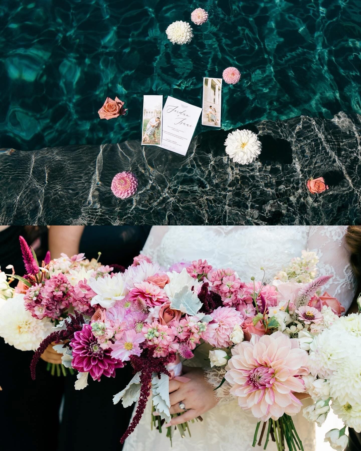 Top image shows floating flower petals and a wedding invitation in a pool. Bottom image shows a person holding a large bouquet of pink and white flowers.