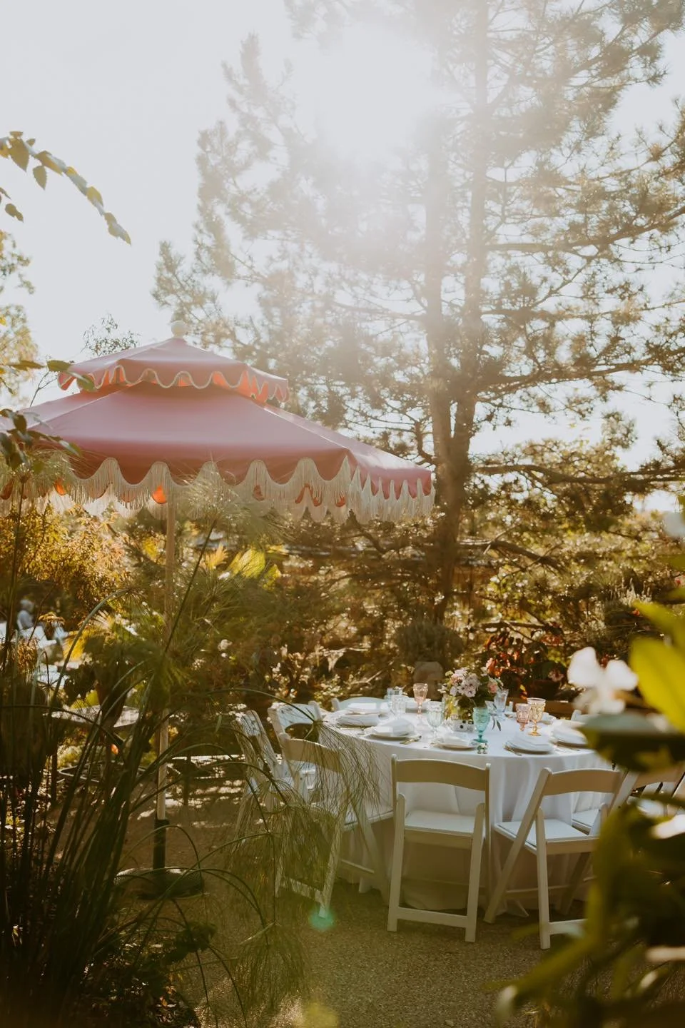 An outdoor table set for a meal with white chairs, floral centerpiece, glassware, and tableware, shaded by a pink parasol with decorative fringe, surrounded by greenery and trees, under bright sunlight.