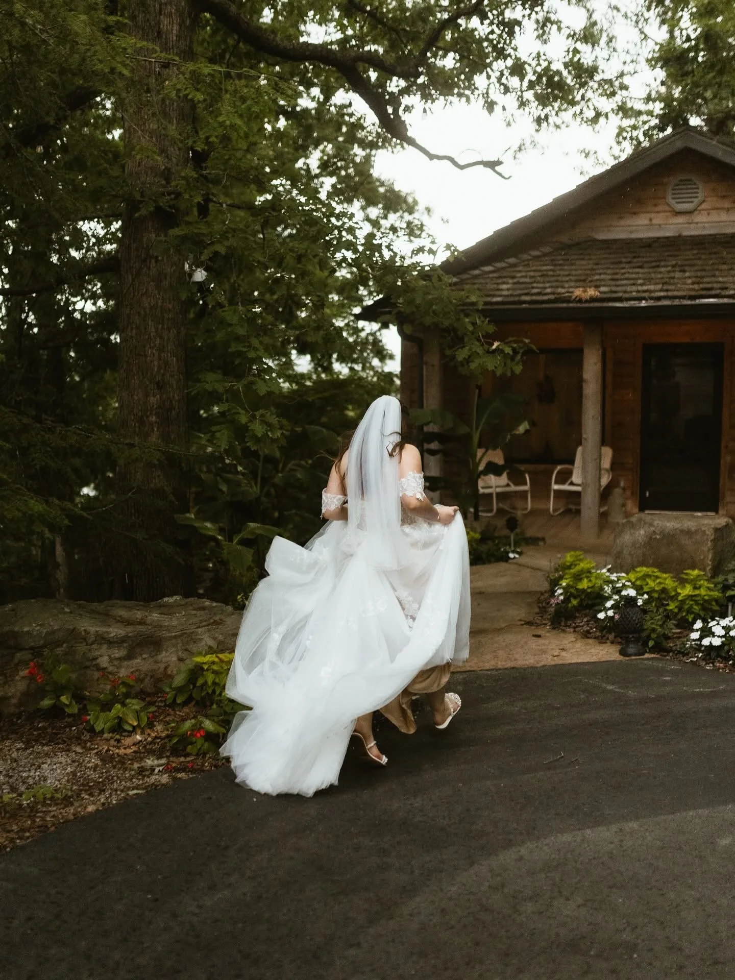 A bride in a white wedding dress and veil walking toward a rustic wooden house surrounded by greenery.