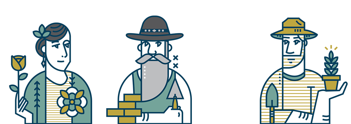 Illustration of three farmers, a woman on the left holding a flower, a man in the middle with a mustache and a hat, and another man on the right holding a potted plant, in a stylized, cartoon-like style.