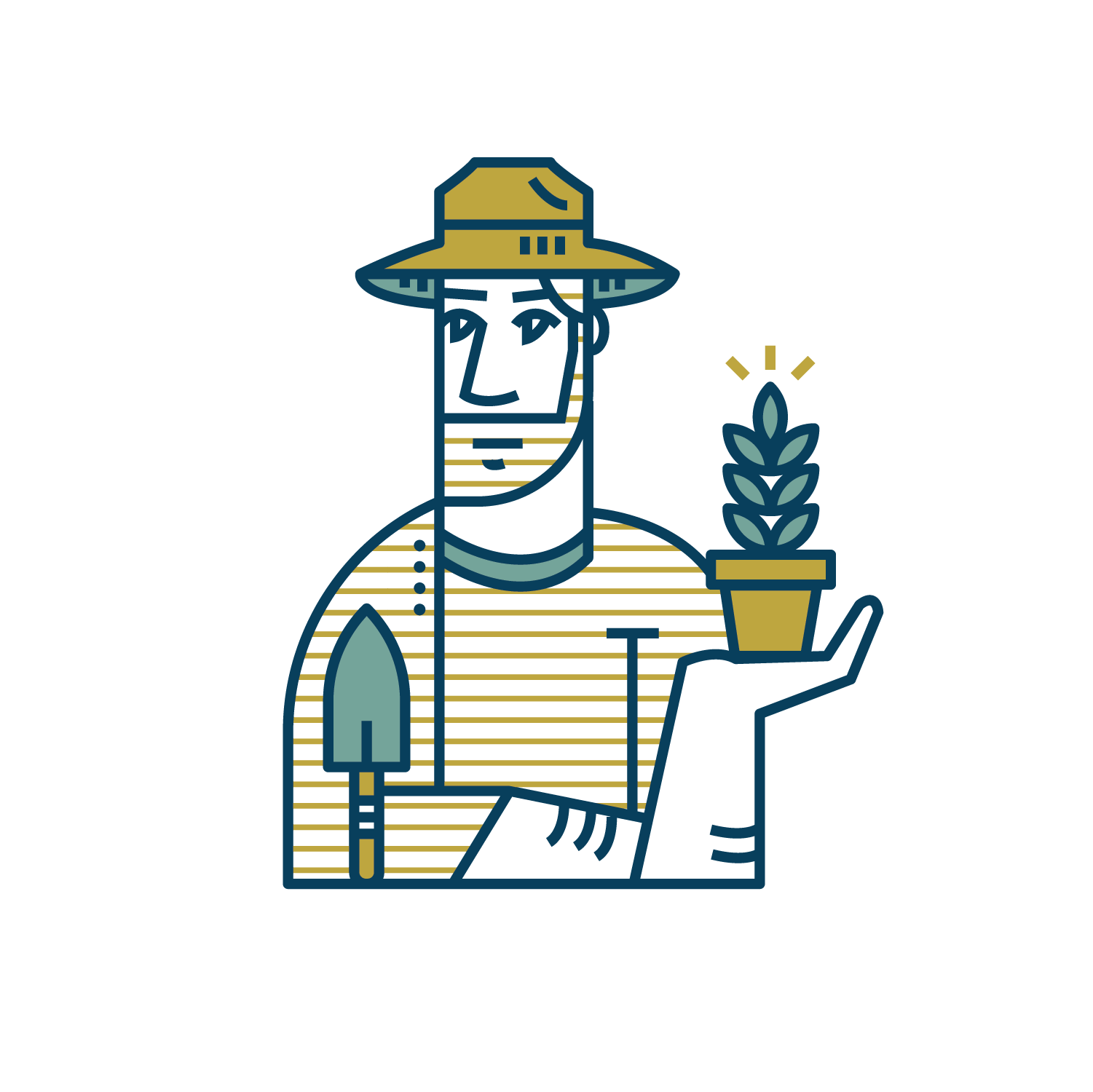 Minimalist illustration of a person wearing a wide-brimmed hat, striped shirt, holding a potted plant with leaves, with a gardening trowel in their pocket.
