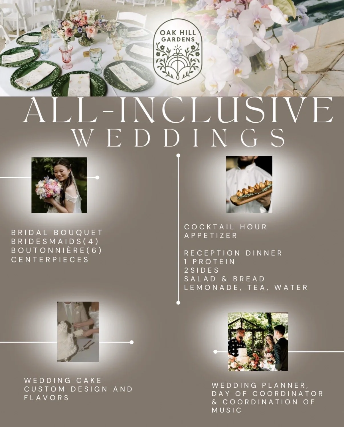 Advertisement for Oak Hill Gardens wedding services, showing a decorated wedding table, the Oak Hill Gardens logo, and four smaller images with descriptions of wedding services including bridal bouquet, bridesmaids, boutonniere, centerpieces, wedding cake, wedding planner, and reception details.