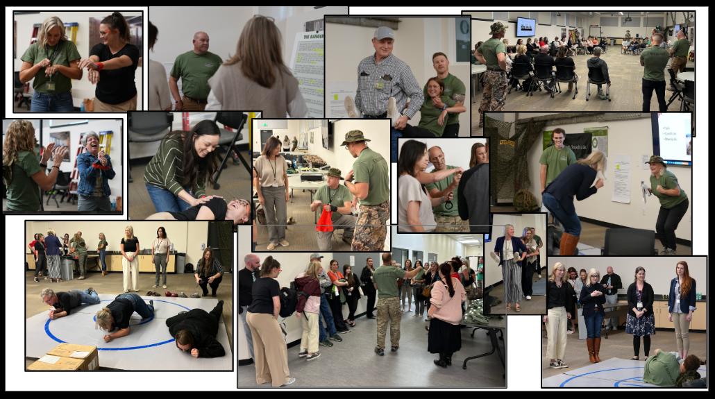 Multiple scenes of people participating in training, workshops, and team-building activities in an indoor space, including presentations, group discussions, and physical activities like self-defense or martial arts.