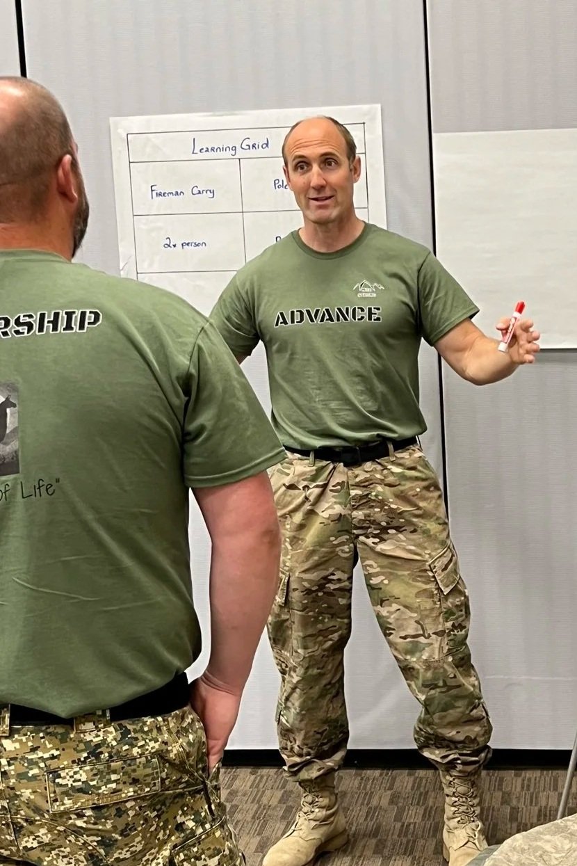 Two men in military camouflage pants and green shirts having a discussion in front of a whiteboard with a learning grid.