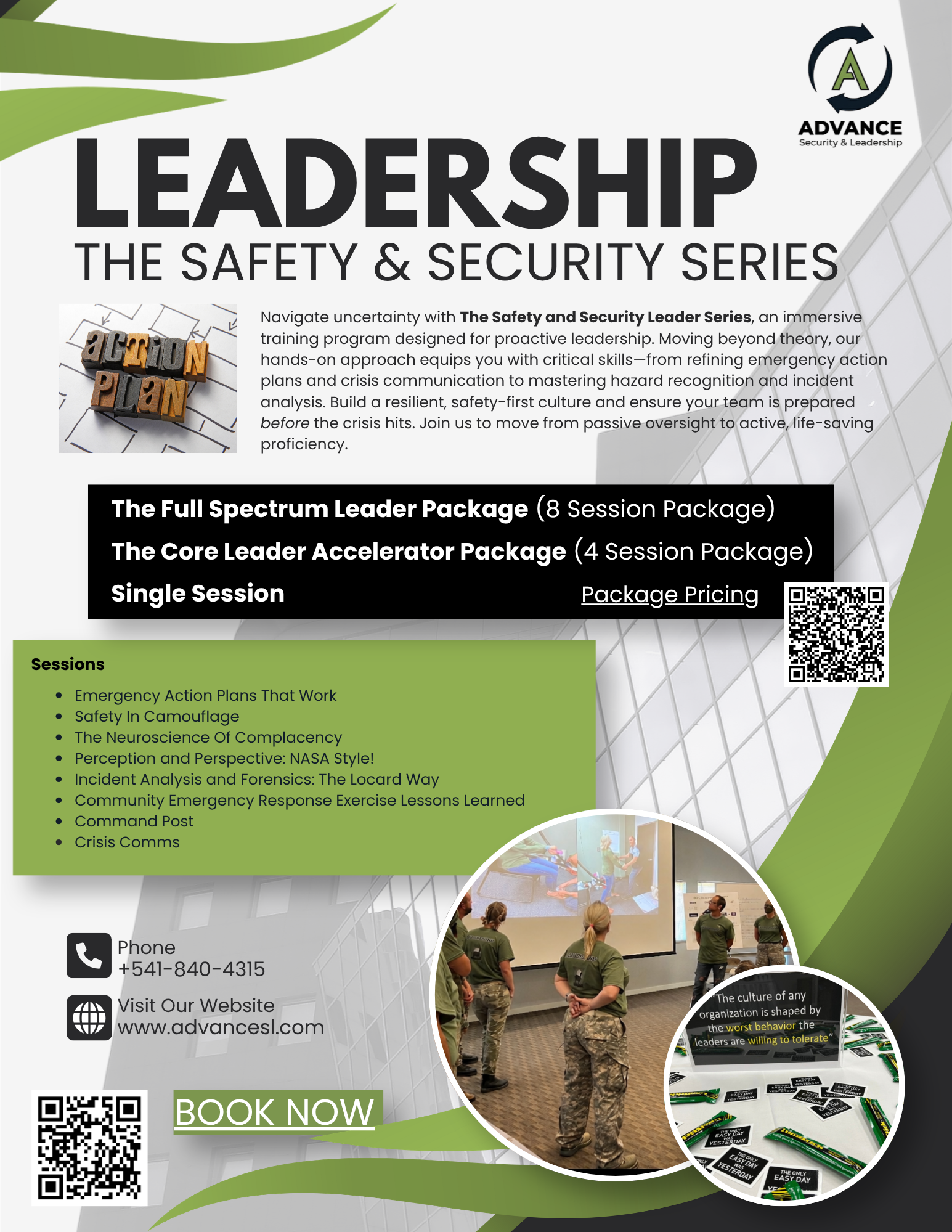 Flyer promoting a safety and security leadership training series, featuring a section with a group of military personnel attending a presentation, info about sessions, pricing, contact details, and a QR code for booking.