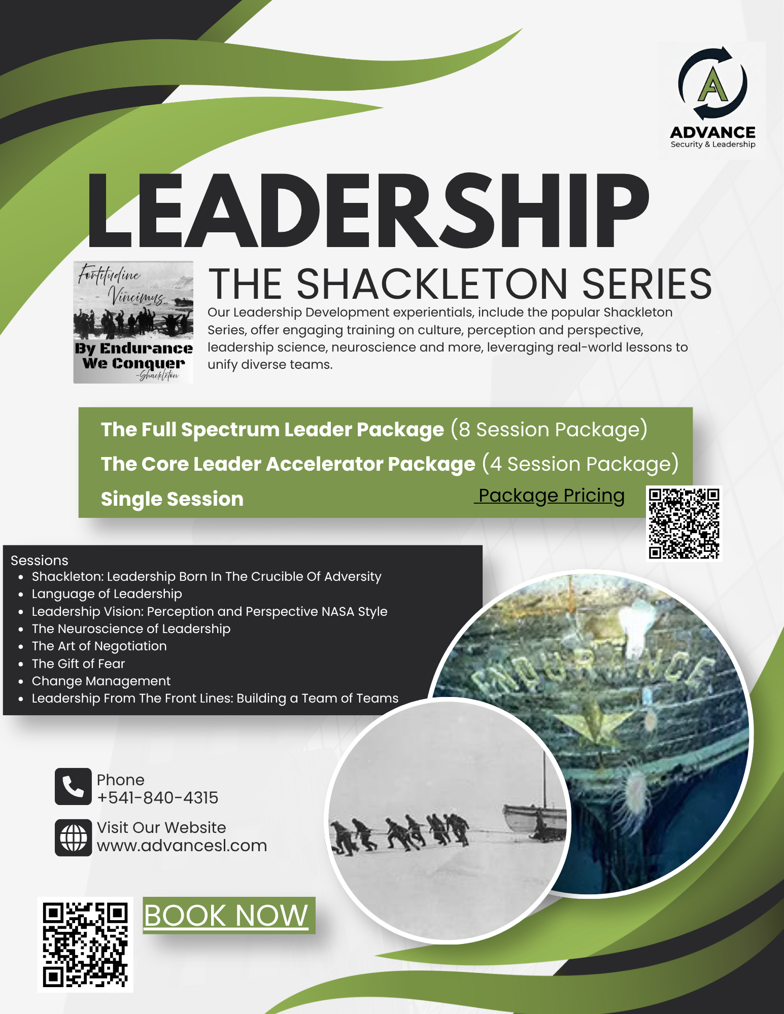 Advertisement for leadership training sessions by Advance Security & Leadership, featuring a green and black design with a QR code, contact information, and images depicting team-building activities and leadership themes.