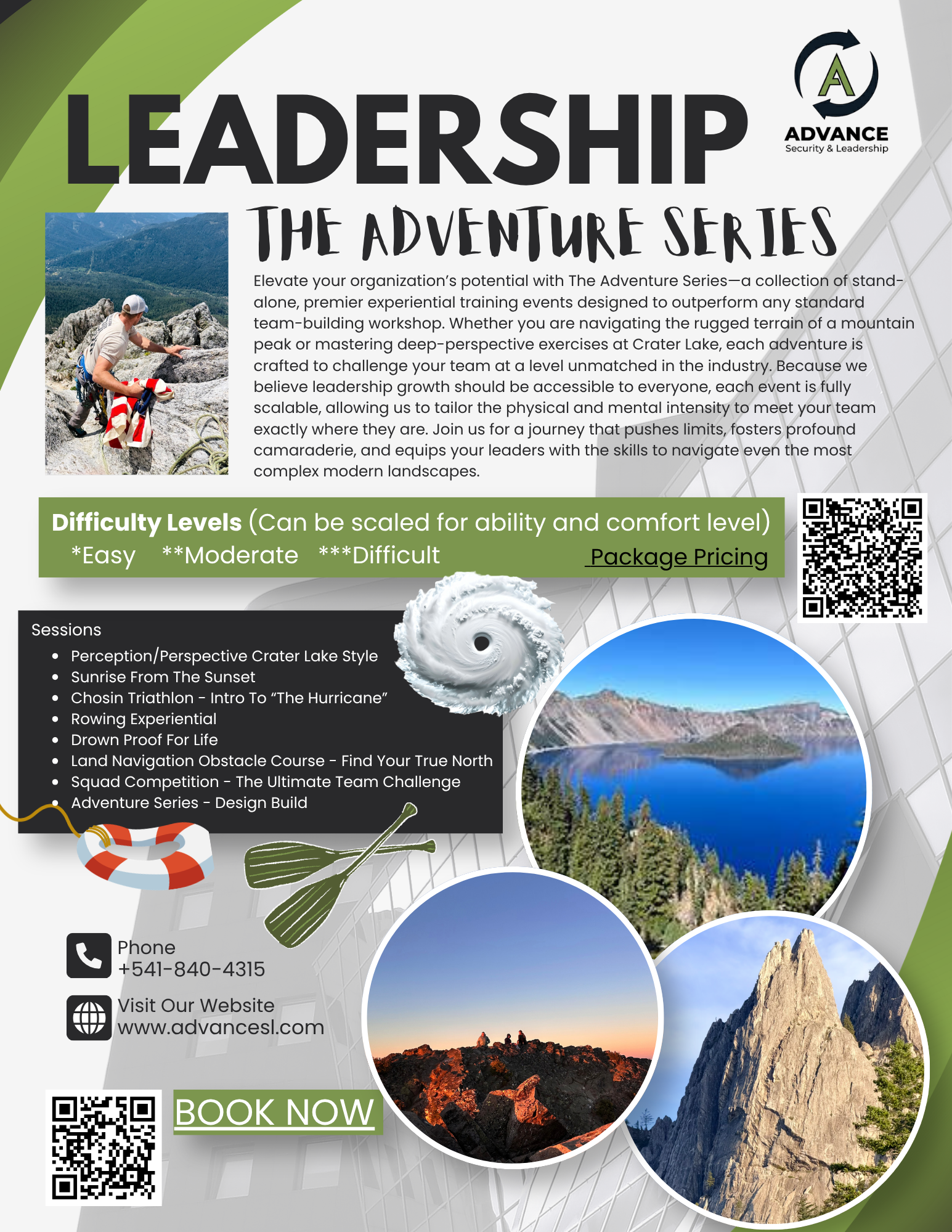 Flyer for Leadership The Adventure Series by Advance Security & Leadership featuring images of canyon landscapes, mountains, and a climber on rocks. Contains details about sessions, difficulty levels, contact info, and a QR code for booking.