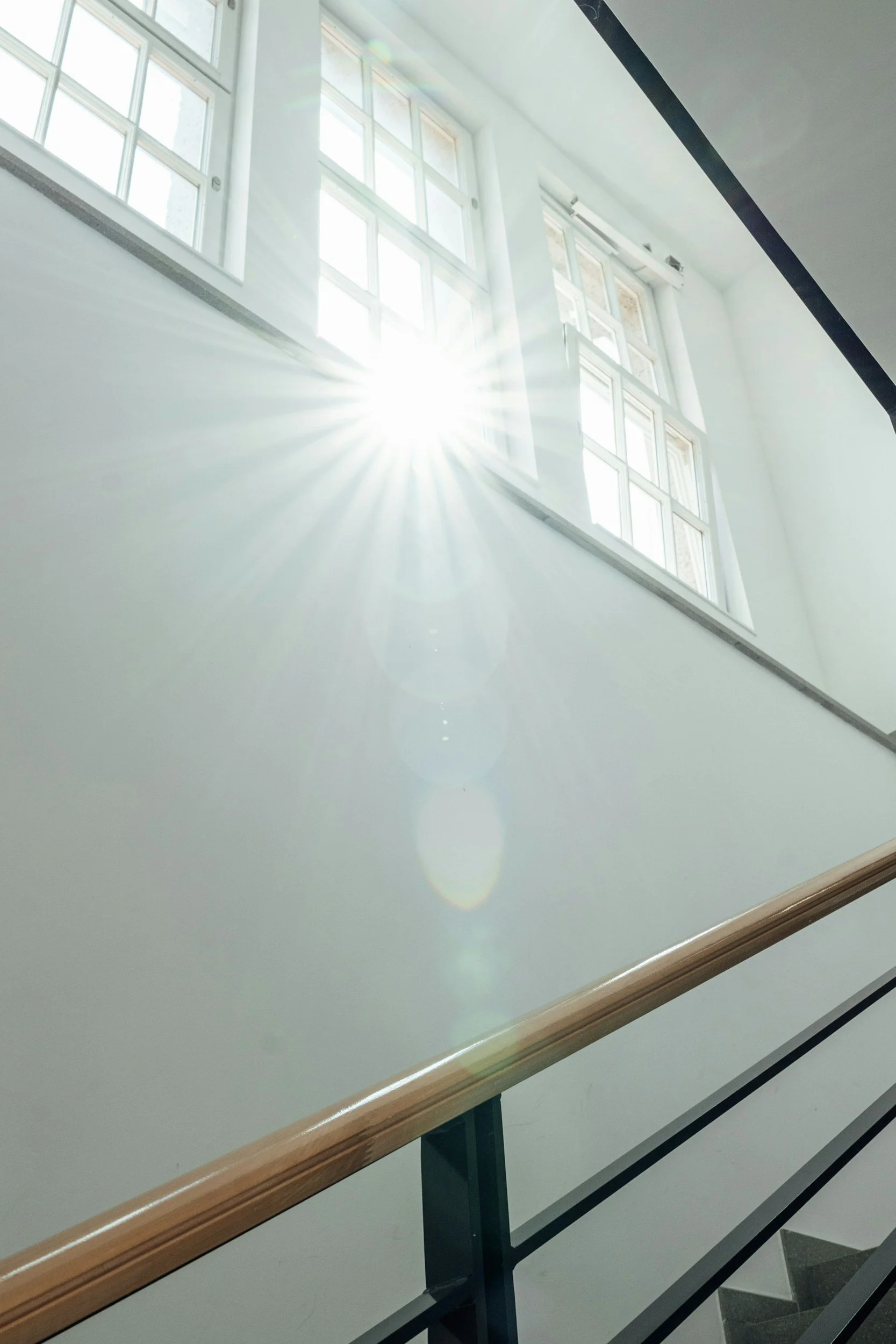 Sunlight streaming through large windows into a modern staircase with a wooden handrail.