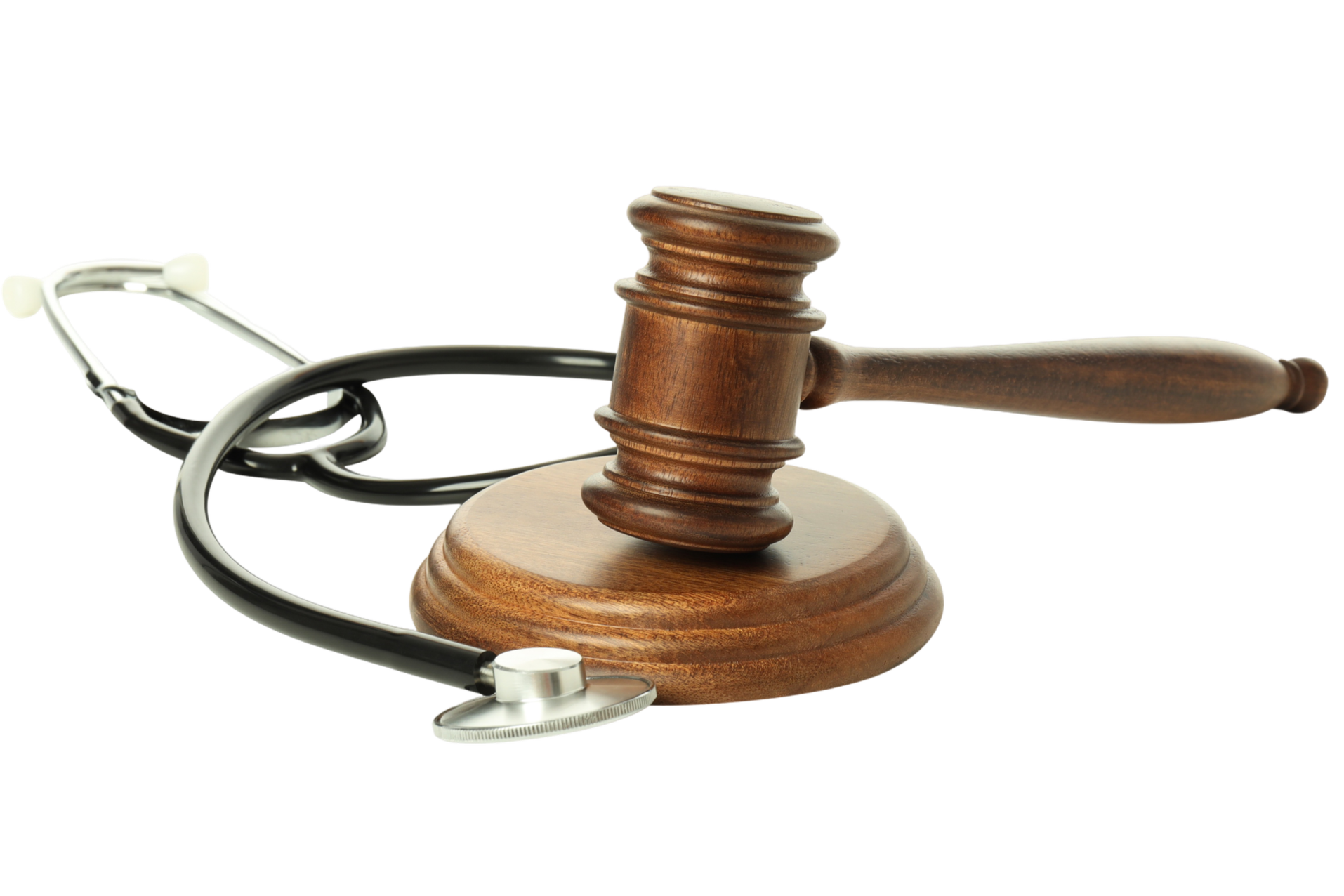Martello di giudice, ciambella e stetoscopio, simboli legali, medici e giudiziari.