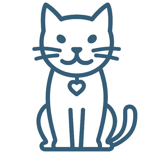 Line drawing of a sitting cat with a collar and heart-shaped tag.