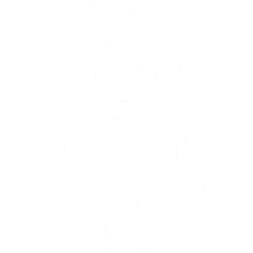 Simple white outline drawing of a cute dog with a collar and heart-shaped tag on a black background.