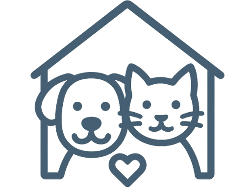 A line drawing of a dog and a cat inside a house with a heart below them.
