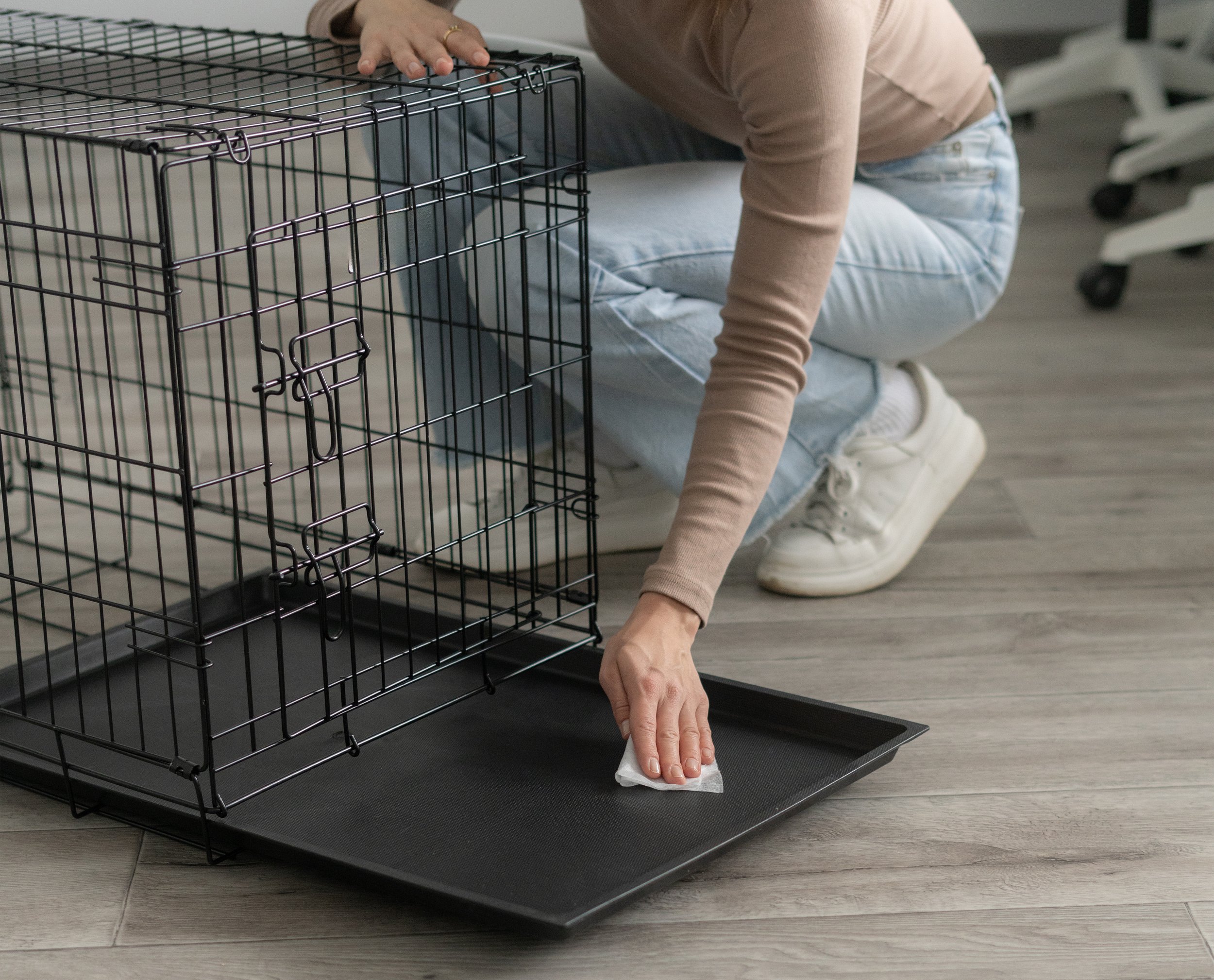 Person cleaning a pet crate with a cloth, on a wood floor.