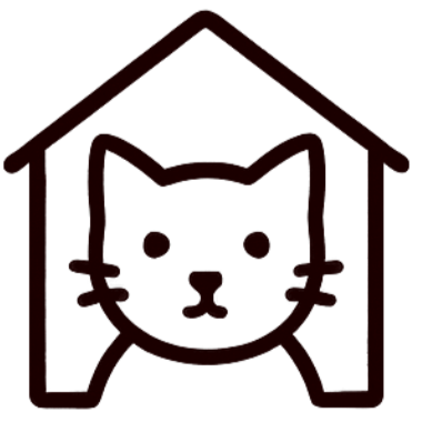 Line drawing of a cat inside a house outline.