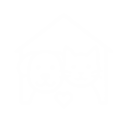 Line drawing of a dog and a cat inside a doghouse with a heart below them