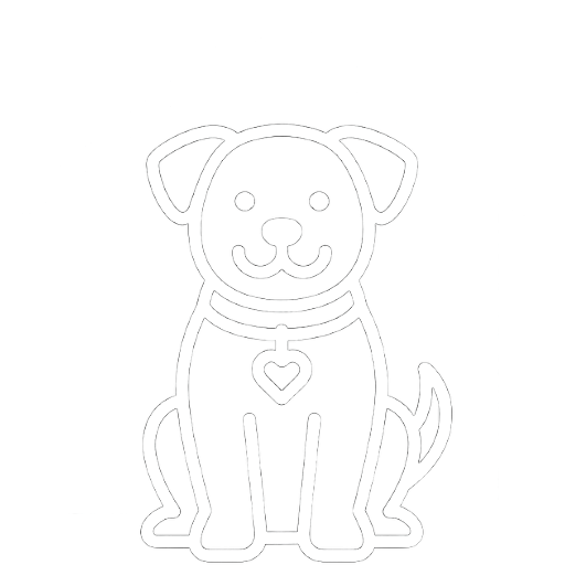 Line drawing of a happy dog sitting inside a simple house outline, with a heart on its chest.
