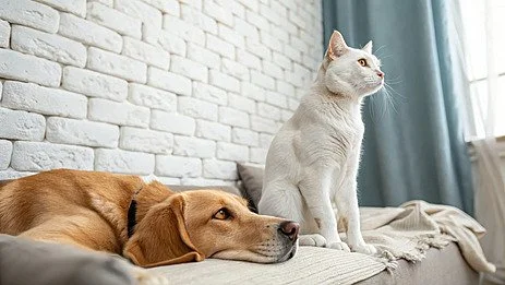 A dog lying on a couch and a white cat sitting nearby, with a brick wall and curtains in the background.