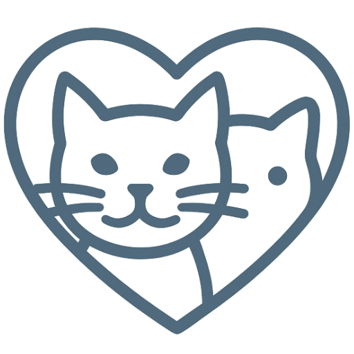 A line drawing of two cats inside a heart shape, one smiling and the other with a neutral expression.