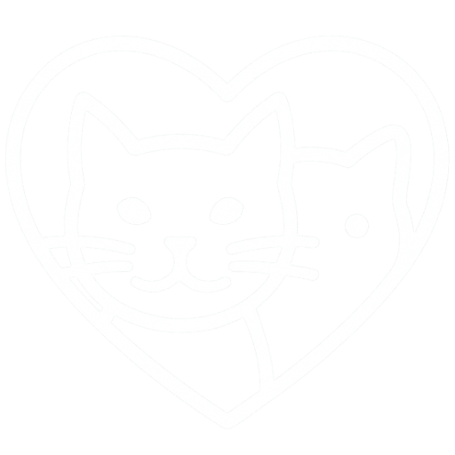 A white line drawing of two cats inside a heart on a black background.
