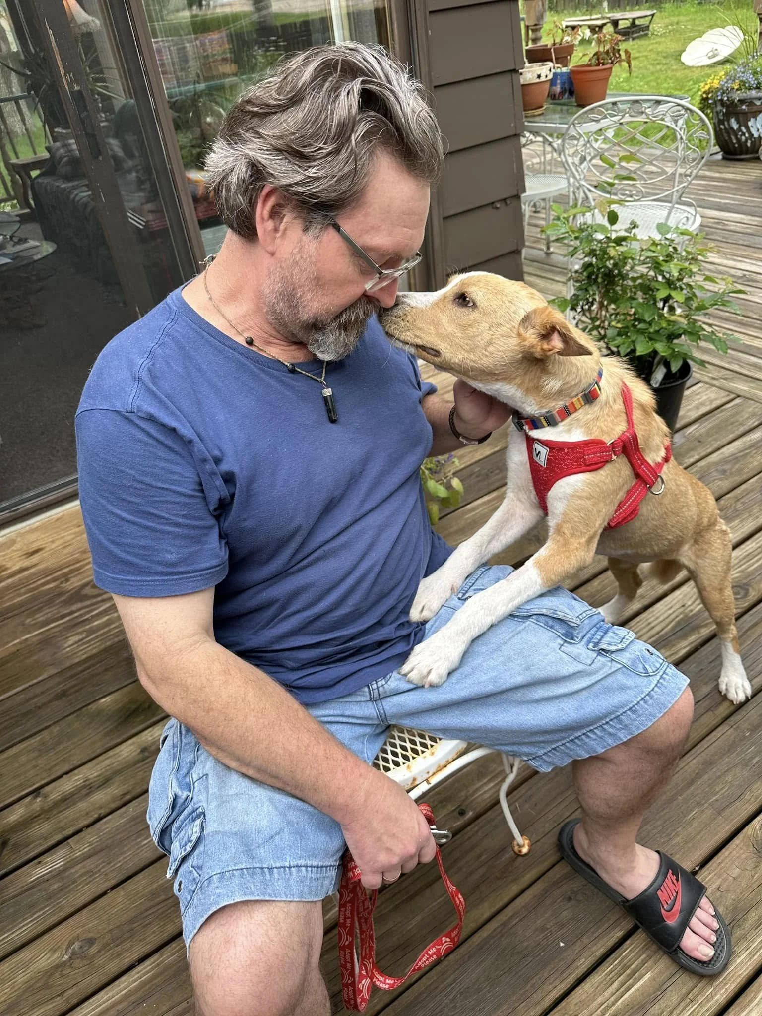 A man with gray hair, glasses, and a beard, wearing a blue t-shirt, denim shorts, and black Nike slides, sitting on a wooden deck, holding a light brown dog with a red harness and colorful collar, touching their noses together.