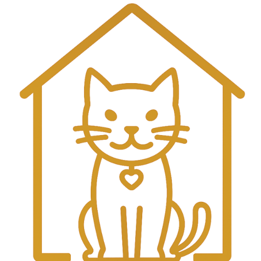 Gold outline of a sitting cat with a heart on its chest, inside a house outline with a sloped roof.