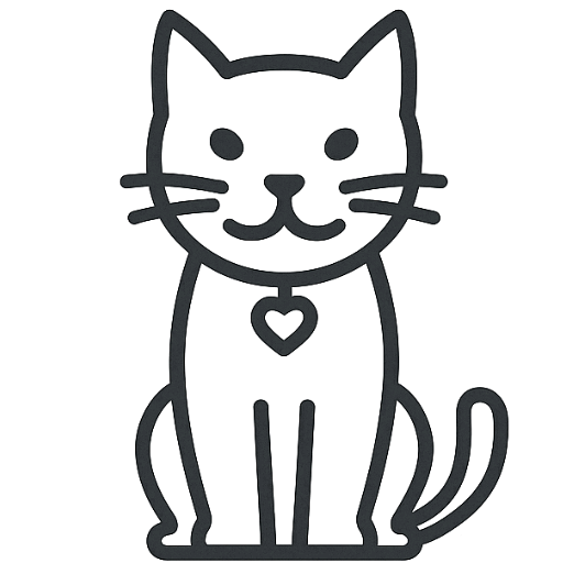 Line drawing of a sitting cat with a heart-shaped collar tag.