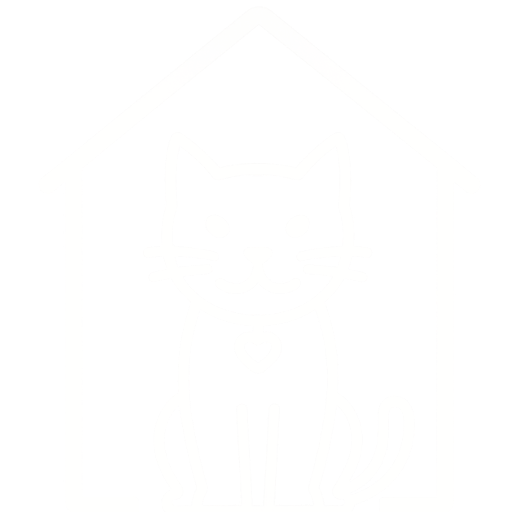 Line drawing of a cat sitting inside a house outline with a heart-shaped tag on its collar.