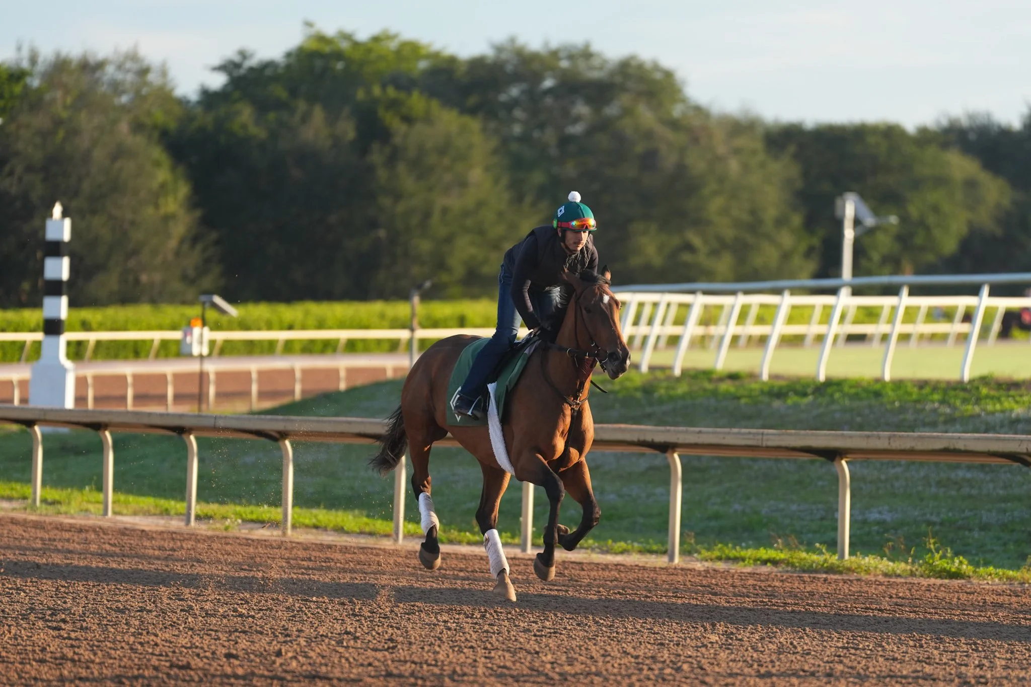A jockey riding a racehorse on a dirt track at night.