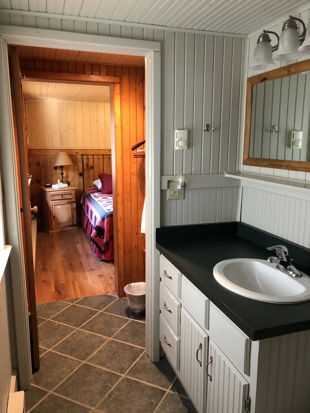 Bathroom sink with cabinet, mirror, and light fixtures in a bathroom; view into a bedroom with wood-paneled walls, bed with quilt, and nightstand with lamp.