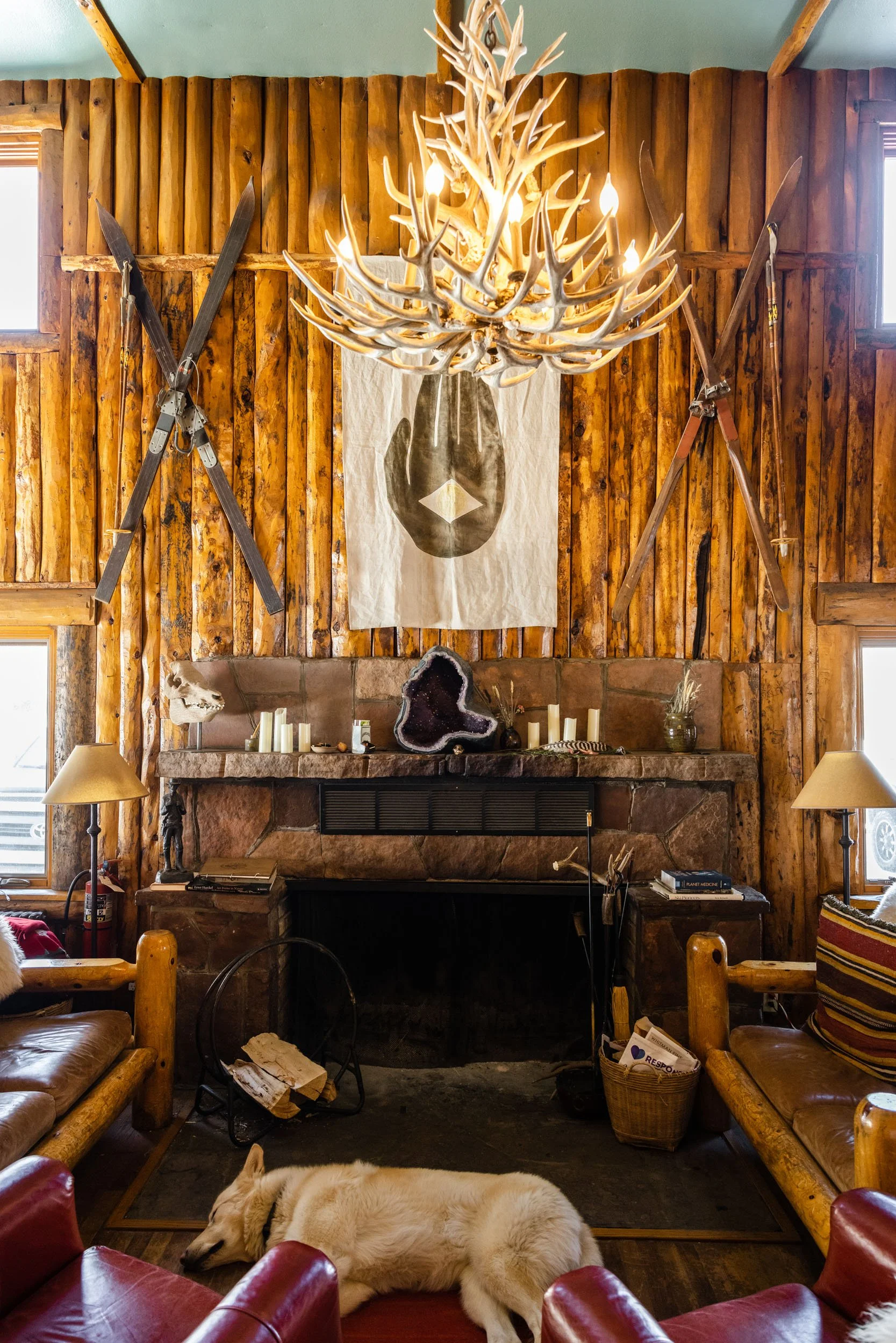A rustic living room with wooden walls, a stone fireplace, and vintage ski equipment mounted on the wall. There is a chandelier made of antlers hanging from the ceiling, and a dog is resting on a red chair in the foreground.