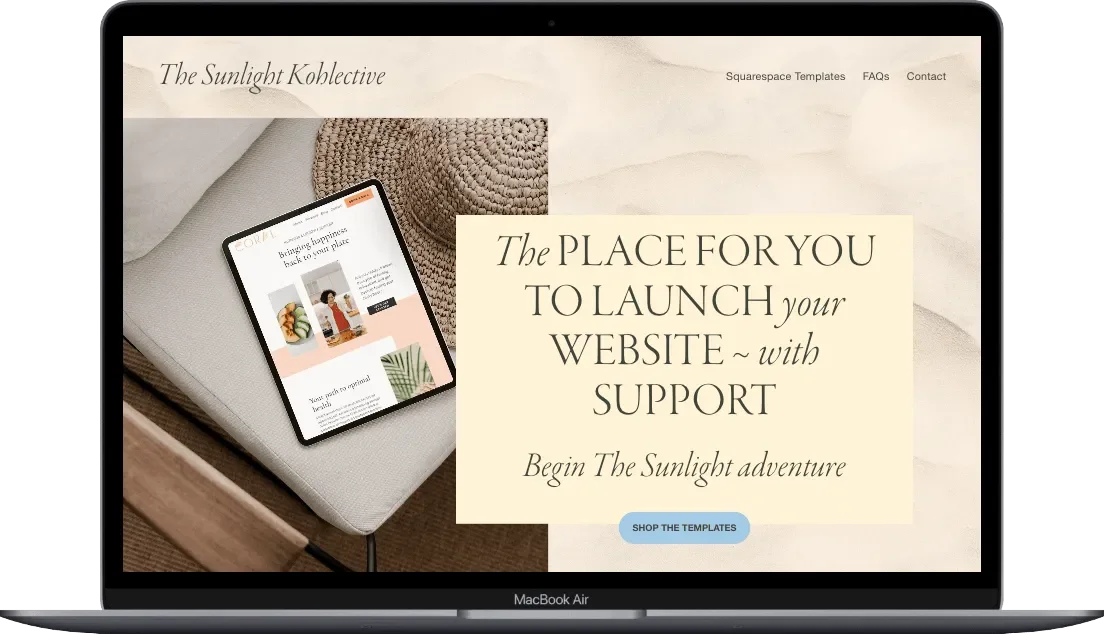 A MacBook Air displaying a Squarespace website template shop thesunlightkohlective.com featuring a tablet, showcasing a website template for health practitioners.