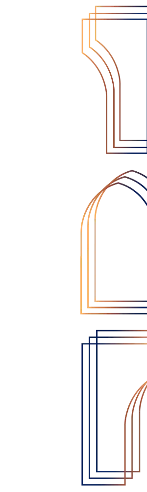 Abstract gradient design with shades of blue and copper, featuring three stacked shapes with curved and straight lines.