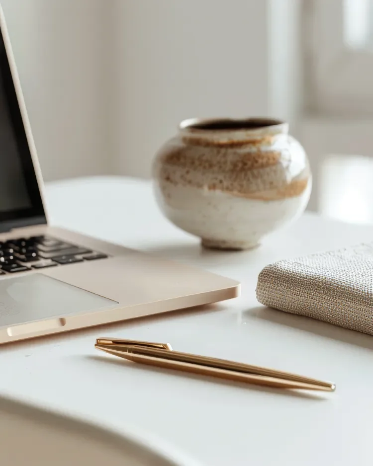 A cropped image of a white desk with a vase, gold pen and laptop