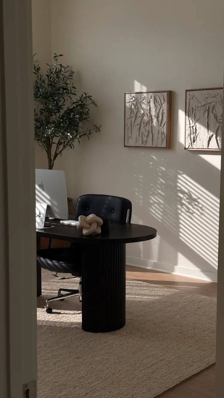 A modern home office with a black desk and chair, a white computer monitor, a decorative knot sculpture, a potted plant, and abstract textured wall art, illuminated by sunlight through window blinds.