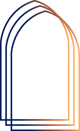 Abstract gradient design with shades of blue and copper, featuring three repeating arch shapes.