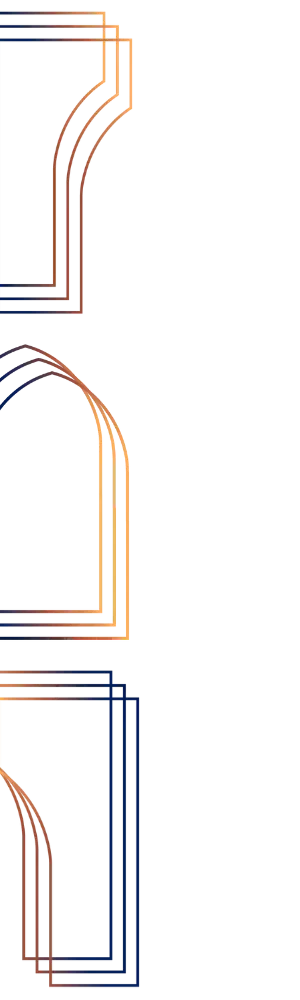 Abstract gradient design with shades of blue and copper, featuring three stacked shapes with curved and straight lines.