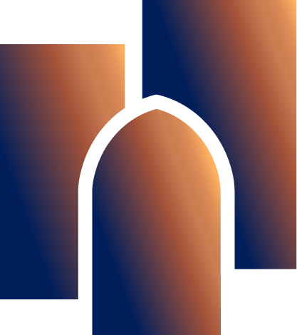 Solid graphic of the Three Pillars Training icon with gradient colours from blue to yellow of three overlapping pillars, the central pillar with an arched top