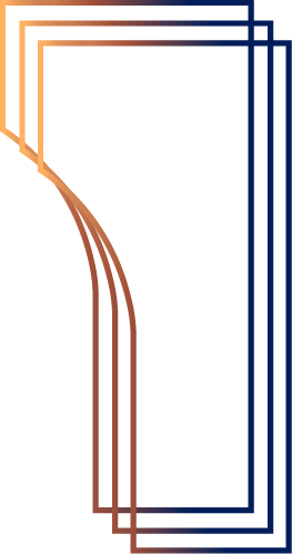 Abstract gradient design with shades of blue and copper, featuring three repeating curved and straight line shapes.