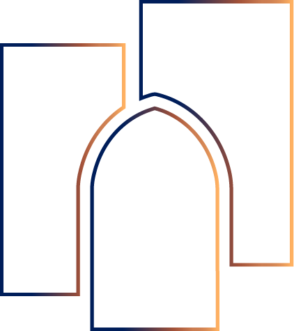 Outline graphic of the Three Pillars Training icon with gradient colours from blue to yellow of three overlapping pillars, the central pillar with an arched top