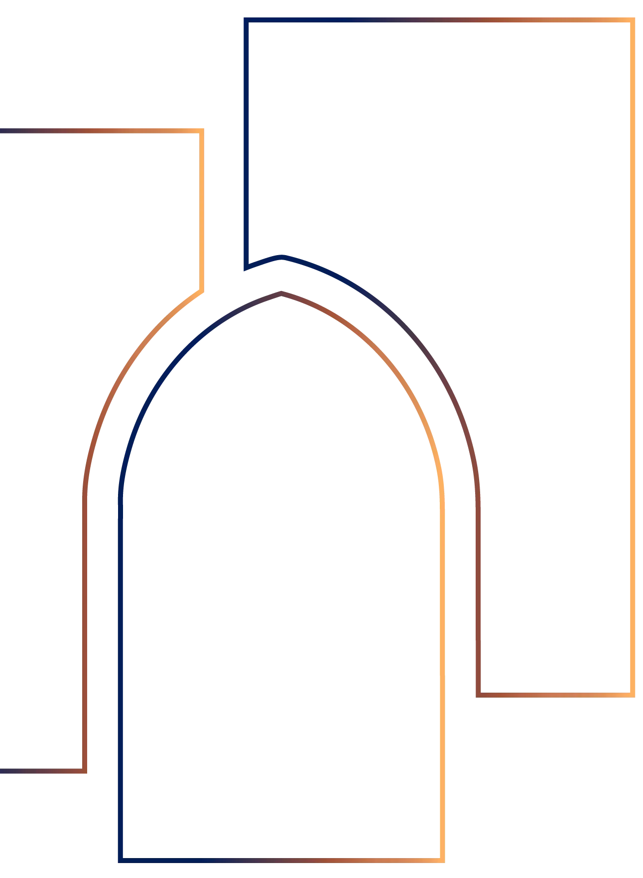 Outline graphic of the Three Pillars Training icon with gradient colours from blue to yellow of three overlapping pillars, the central pillar with an arched top.