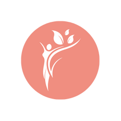 A logo featuring a stylized white plant or tree with leaves inside a pink circle.