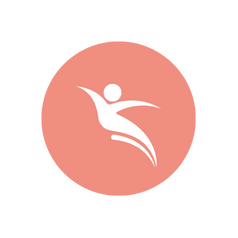 A white abstract human figure jumping or dancing inside a pink circle