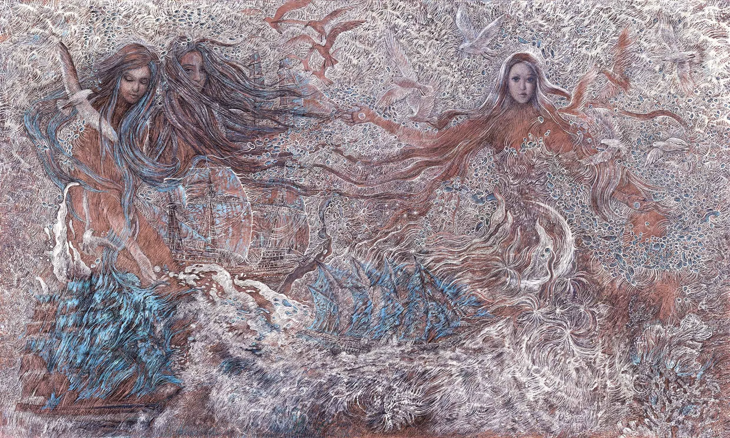 "Singing Sirens" Canvas, pencil, white, 70 x 36 inches, 2020