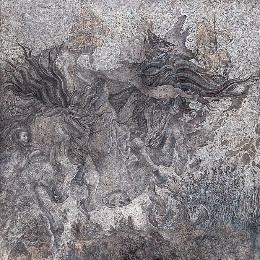 "Magic flute" Canvas, pencil, ink, 40 x 40 inches, 2021