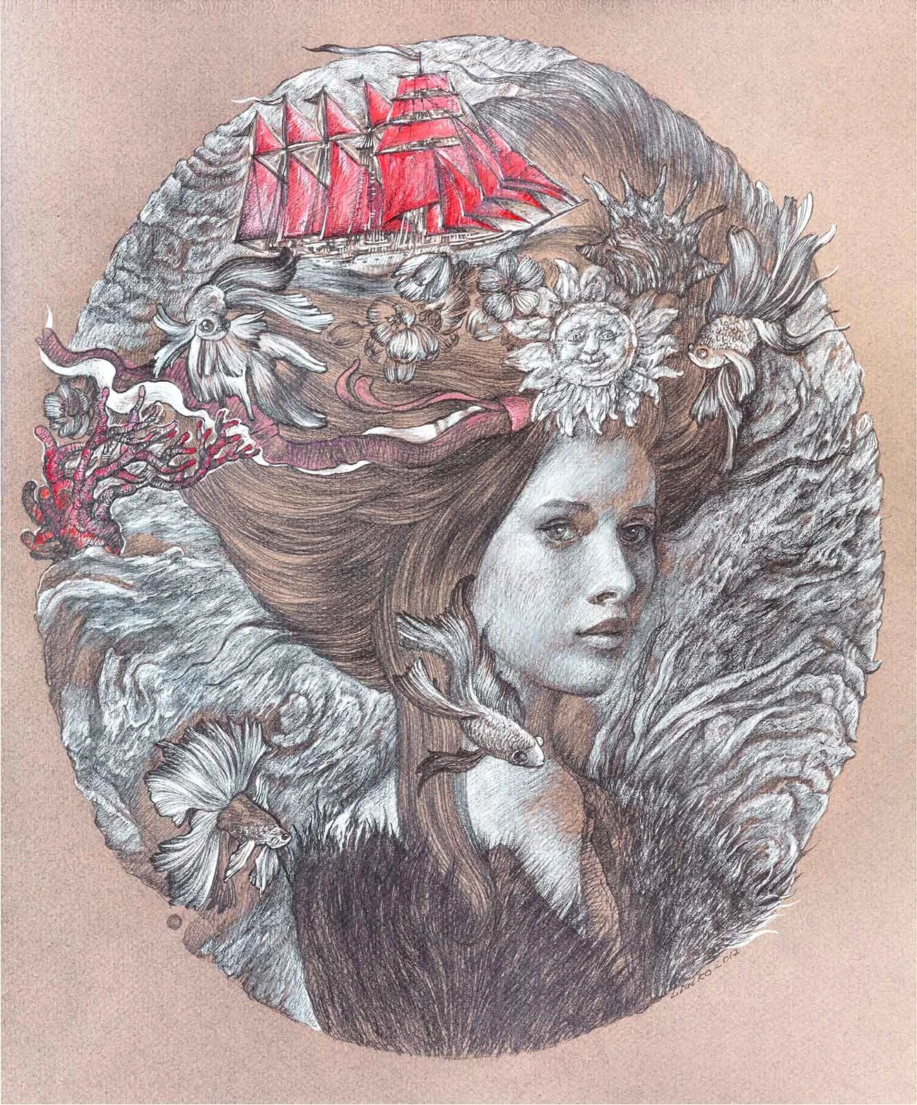 "A scarlet sails" Paper, pencil, gauche, 2017