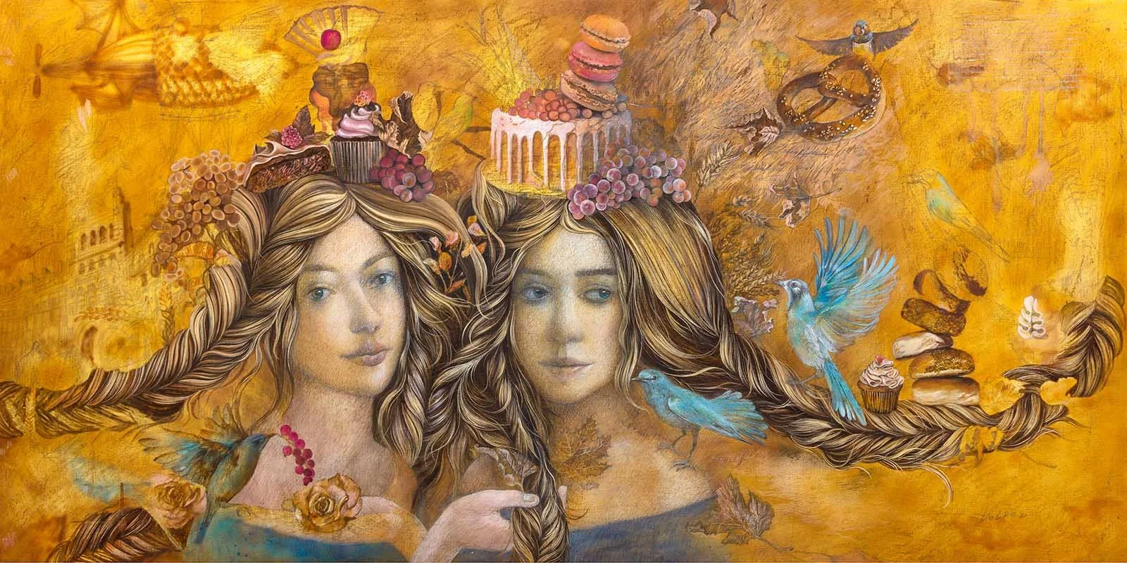 "Blue birds" Canvas, pencil, ink, 24 x 48 inches, 2021